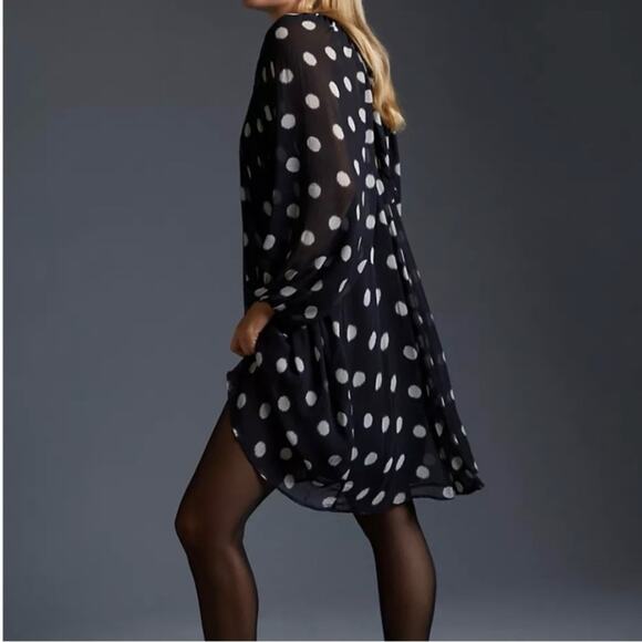 Anthropologie Maeve black white polka dot dress open back sheer sleeves sz xs - Picture 5 of 13